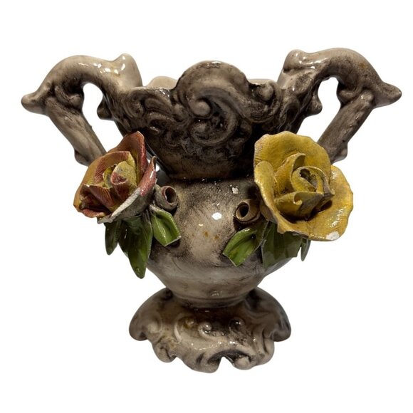 Bassano Vase Italian Ceramic Vase With 3D Rose Accents Vintage 4" READ - Picture 1 of 9